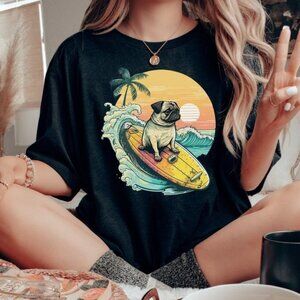 Surfing Pug Retro Beach Dog Lover Graphic